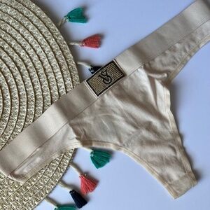 Victoria's Secret Logo Cotton Shine Patch Thong Panty Marzipan Medium NEW